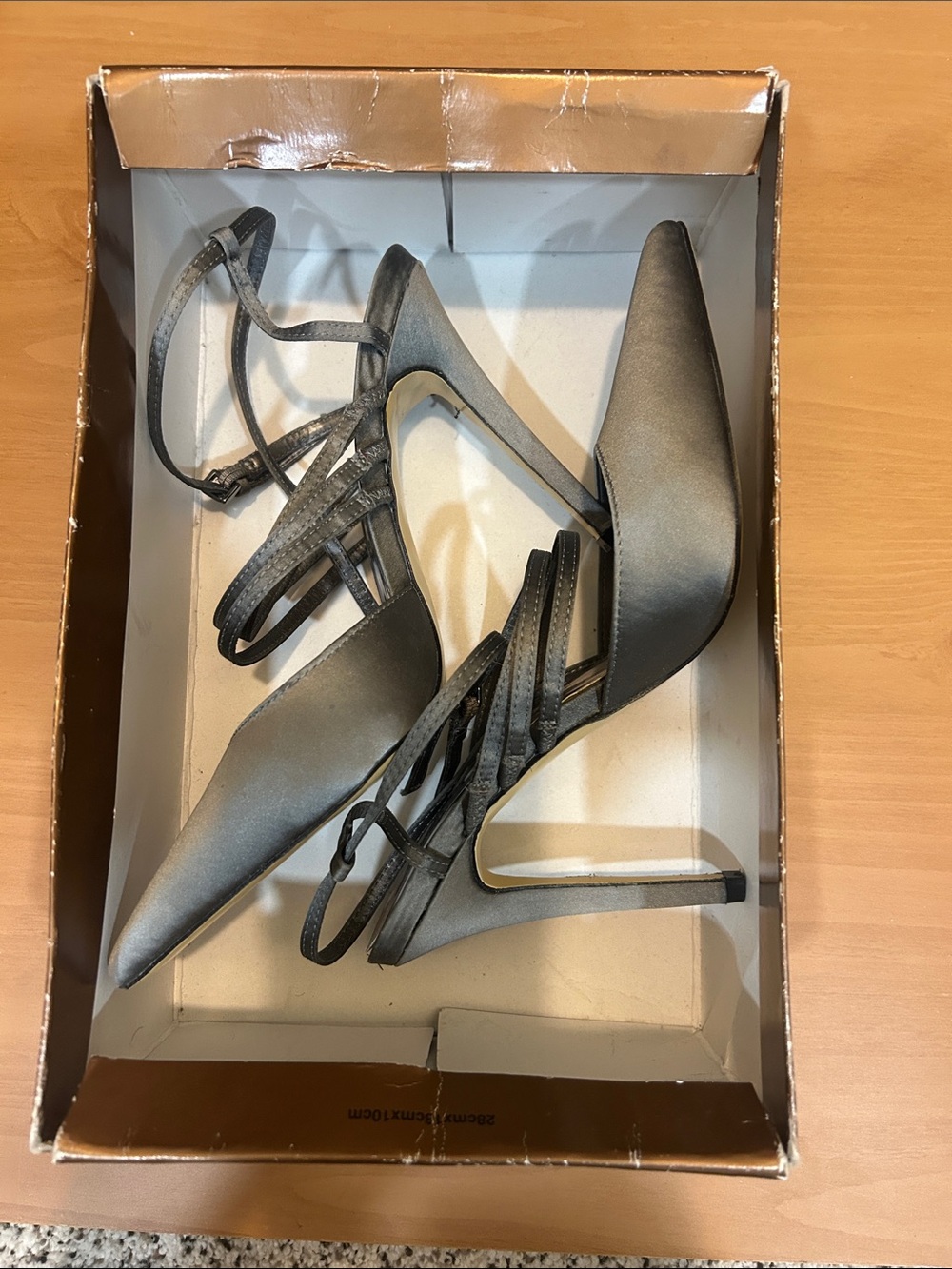 Audrey Brooke Gray Satin Pointed-Toe Ankle Strap Stilettos